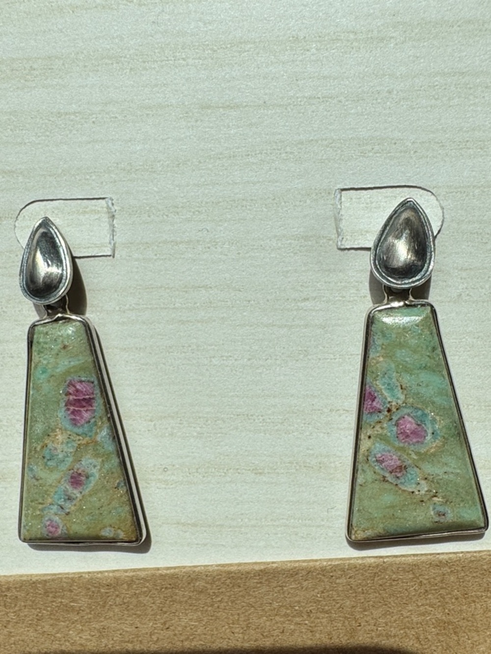 Green and Pink Stone Drop Earrings in Sterling Setting